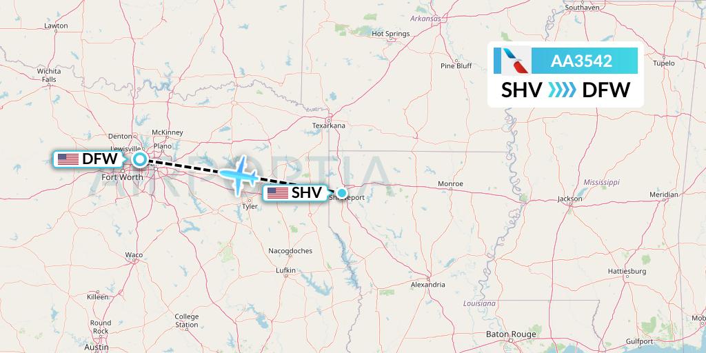 AA3542 American Airlines Flight Map: Shreveport to Dallas