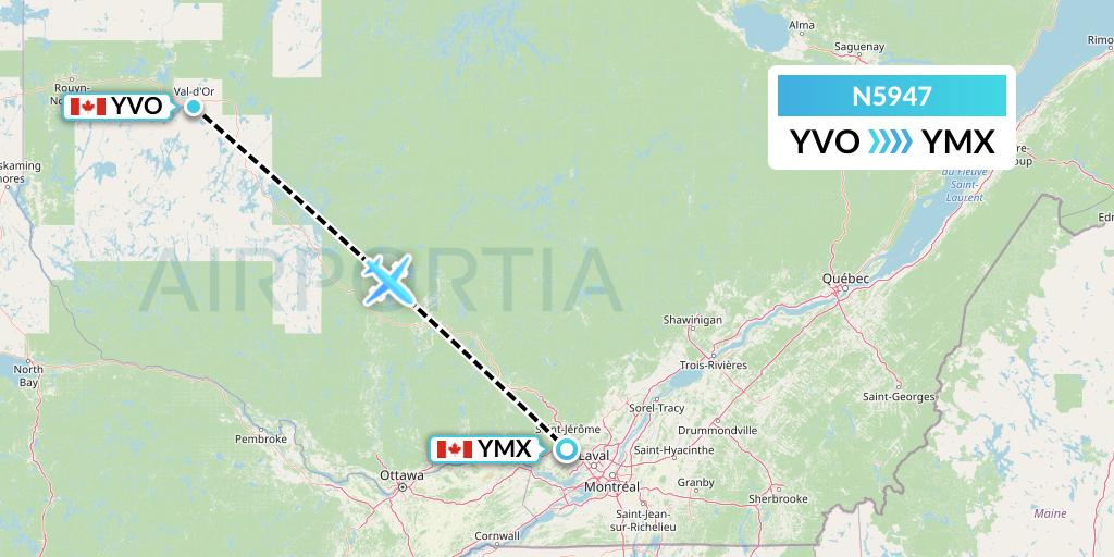 N5947 Nolinor Aviation Flight Map: Val-d'Or to Montreal