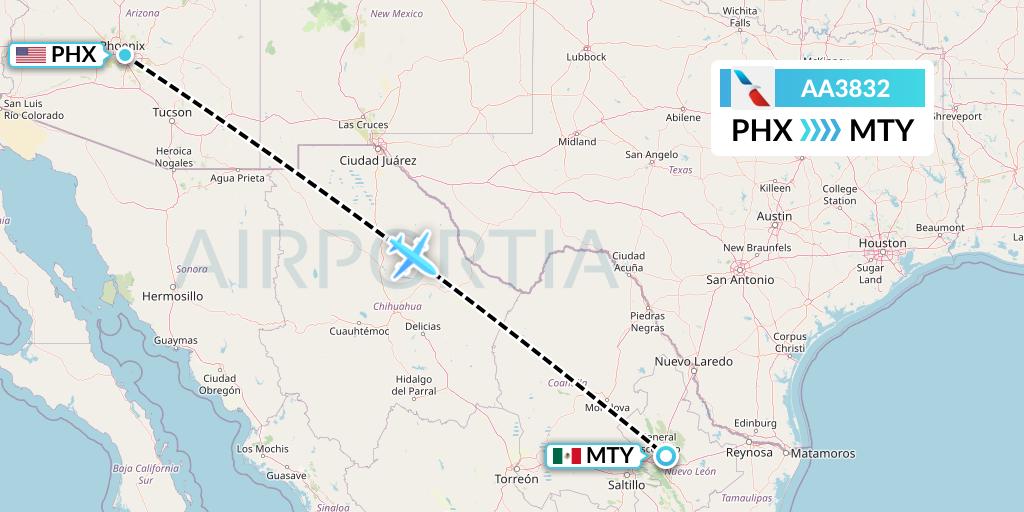 AA3832 American Airlines Flight Map: Phoenix to Monterrey