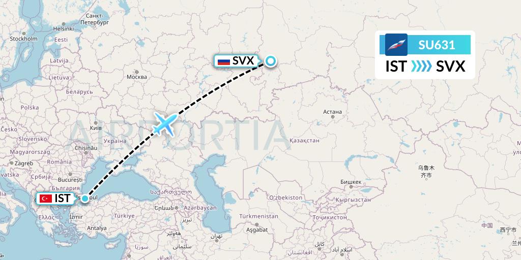 SU631 Aeroflot Flight Map: Istanbul to Yekaterinburg