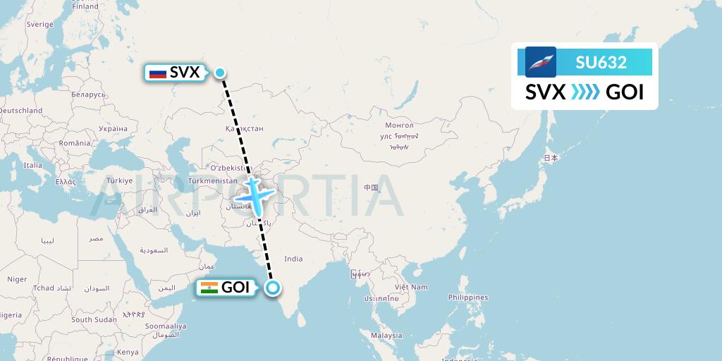 SU632 Aeroflot Flight Map: Yekaterinburg to Goa