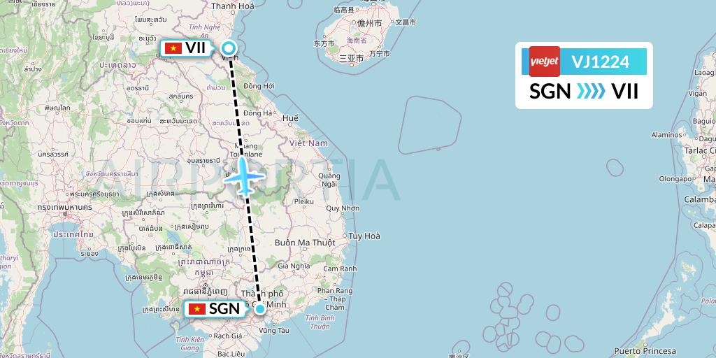 VJ1224 VietJet Air Flight Map: Ho Chi Minh City to Vinh