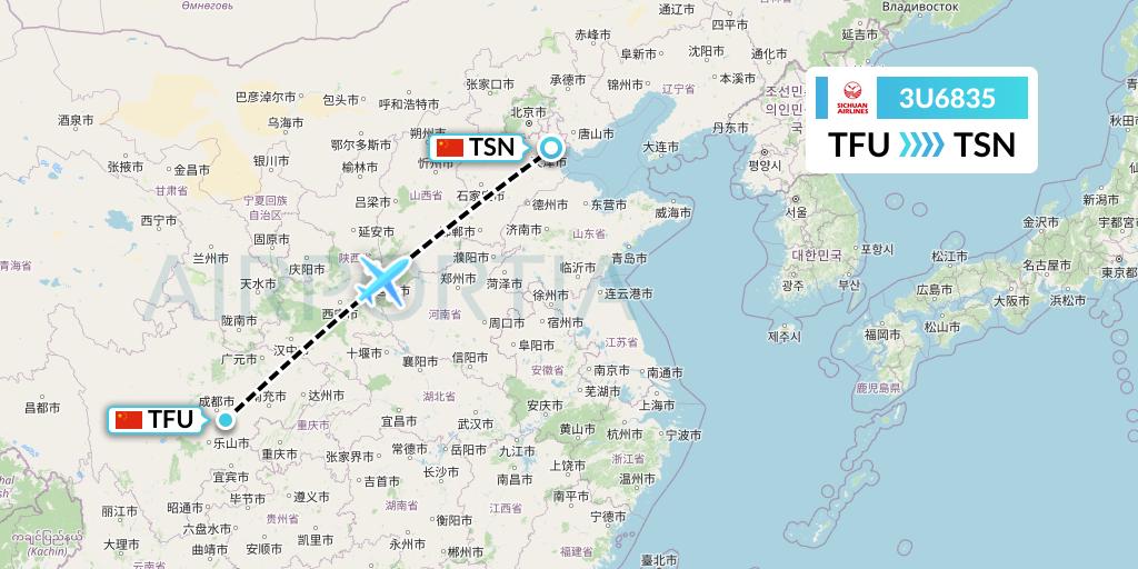 3U6835 Sichuan Airlines Flight Map: Chengdu to Tianjin