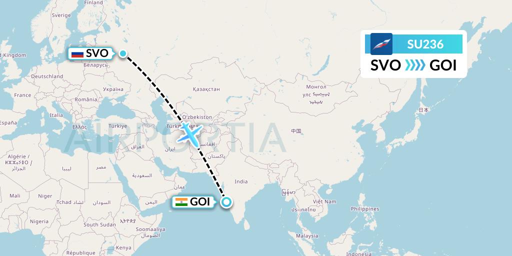 SU236 Aeroflot Flight Map: Moscow to Goa