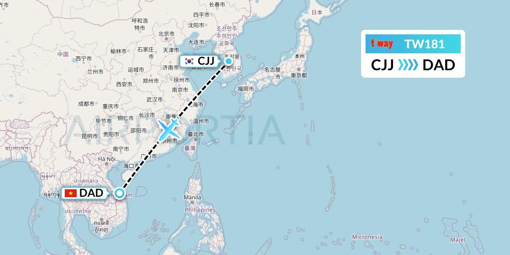 TW181 T'way Air Flight Map: Cheongju to Da Nang