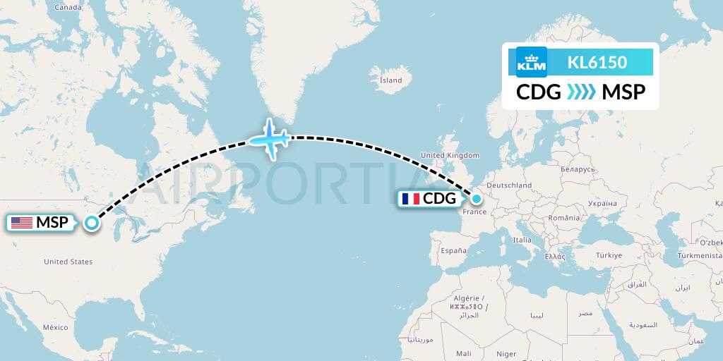 KL6150 KLM Flight Map: Paris to Minneapolis