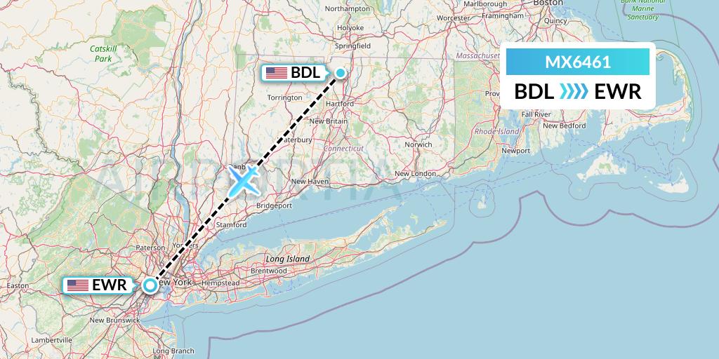 MX6461 Breeze Airways Flight Map: Windsor Locks to New York