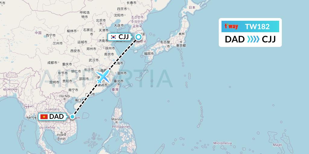 TW182 T'way Air Flight Map: Da Nang to Cheongju