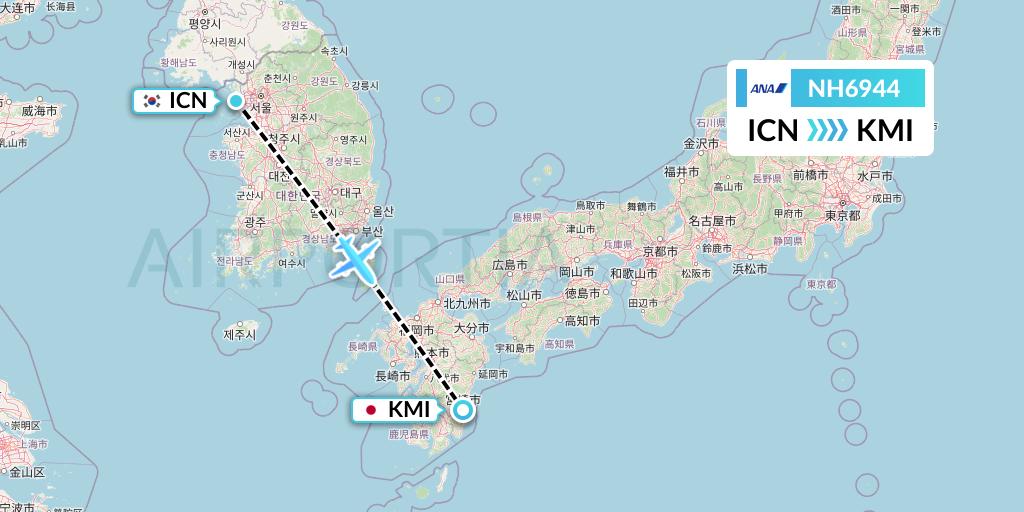 NH6944 All Nippon Airways Flight Map: Seoul to Miyazaki