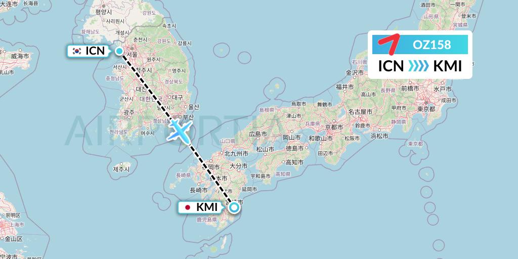 OZ158 Asiana Airlines Flight Map: Seoul to Miyazaki