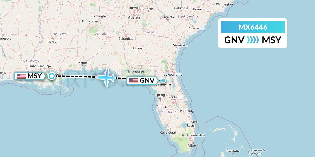 MX6446 Breeze Airways Flight Map: Gainesville to New Orleans