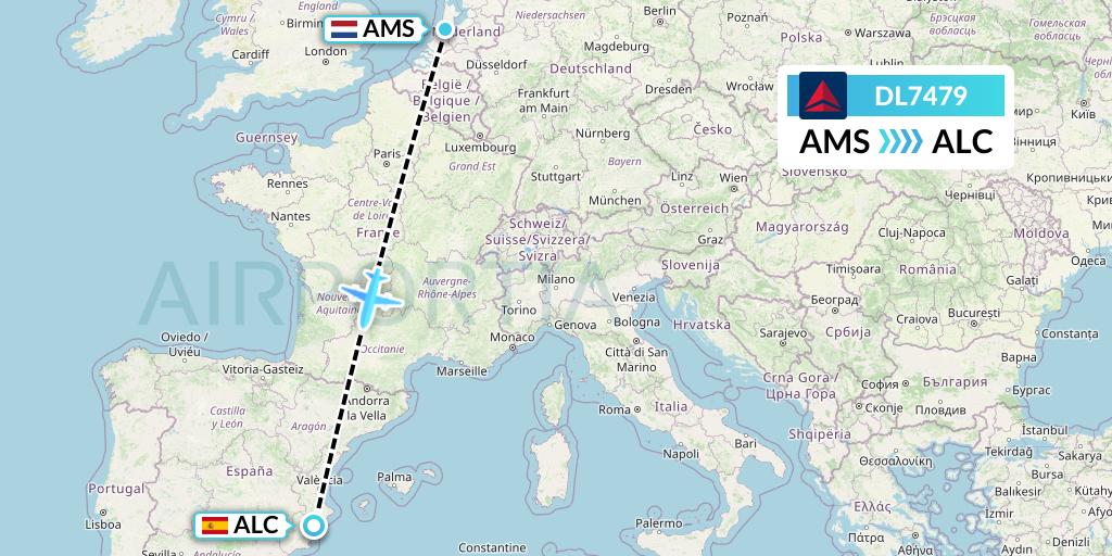 DL7479 Delta Air Lines Flight Map: Amsterdam to Alicante