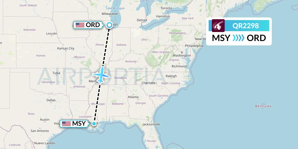 QR2298 Qatar Airways Flight Map: New Orleans to Chicago