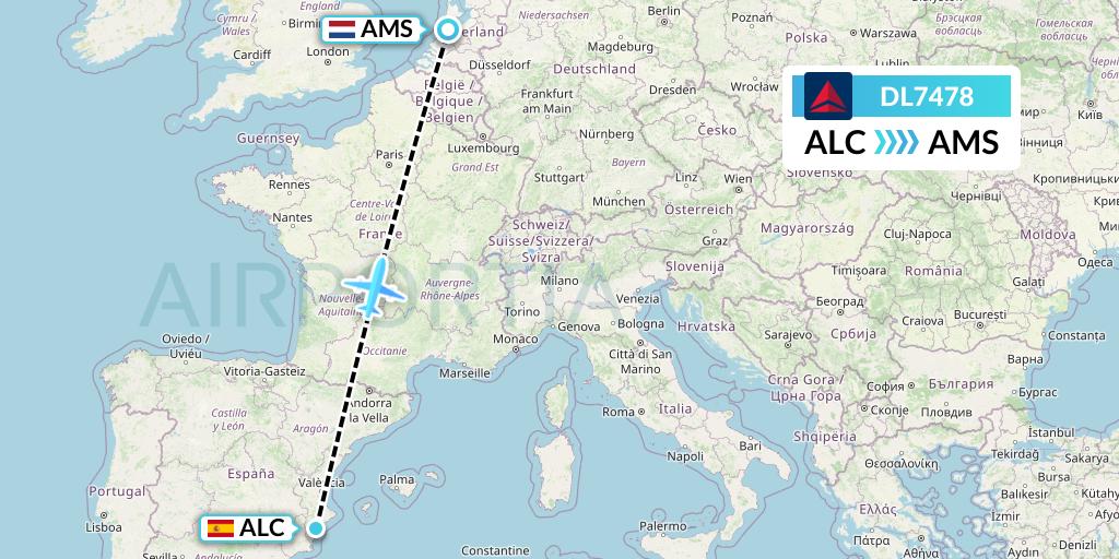 DL7478 Delta Air Lines Flight Map: Alicante to Amsterdam