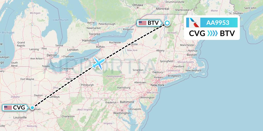 AA9953 American Airlines Flight Map: Cincinnati to Burlington