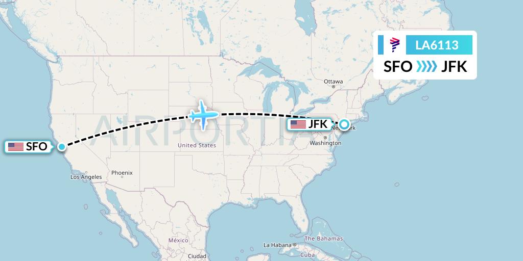 LA6113 LAN Airlines Flight Map: San Francisco to New York