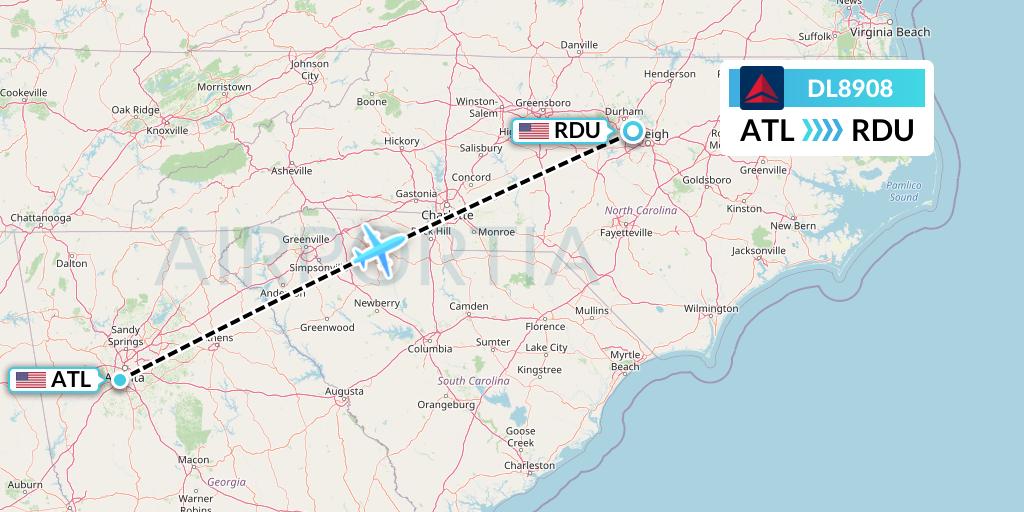 DL8908 Delta Air Lines Flight Map: Atlanta to Raleigh-Durham