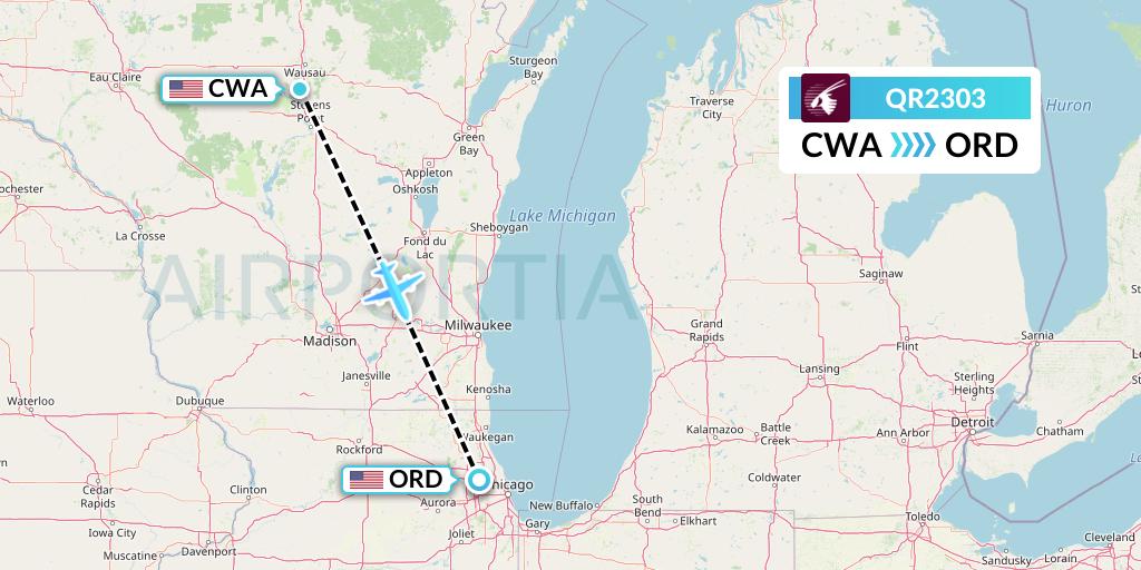 QR2303 Qatar Airways Flight Map: Wausau to Chicago