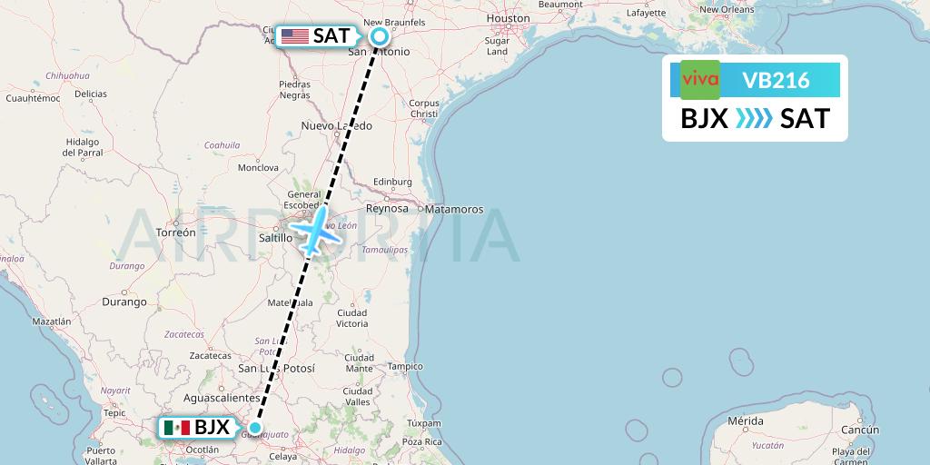 VB216 VivaAerobus Flight Map: Silao to San Antonio