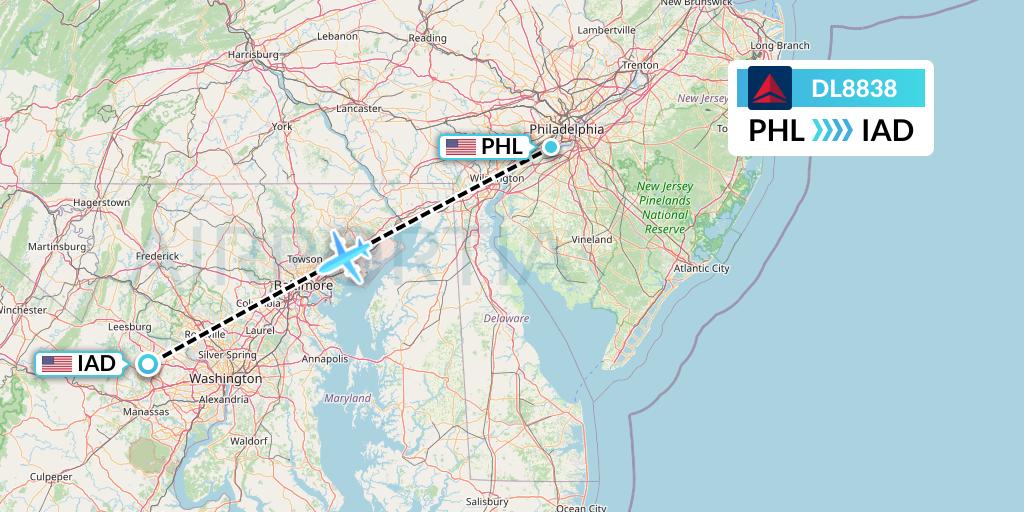 DL8838 Delta Air Lines Flight Map: Philadelphia to Washington