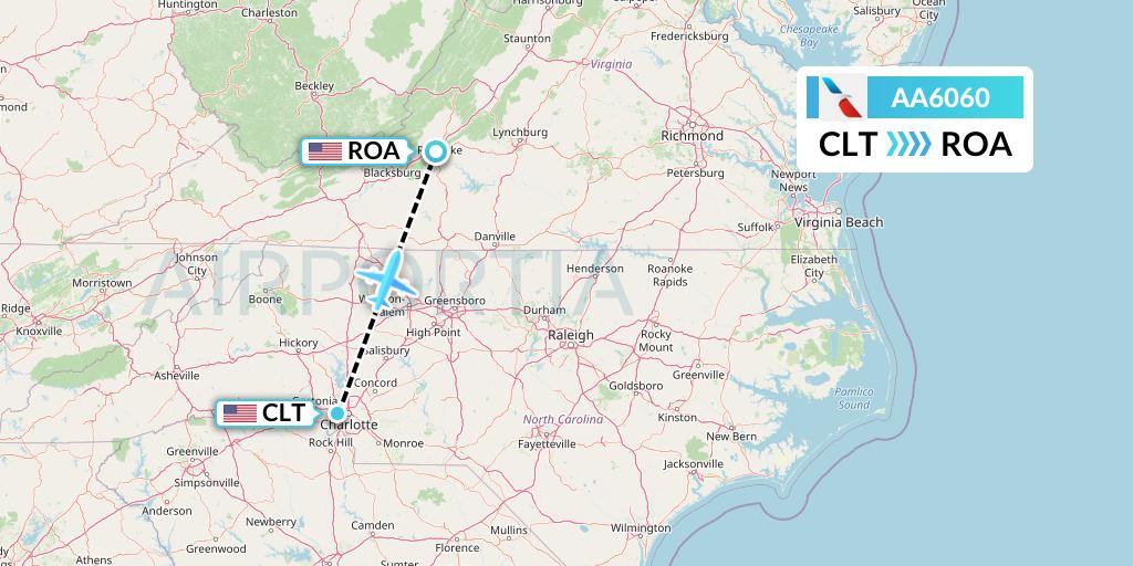 AA6060 American Airlines Flight Map: Charlotte to Roanoke