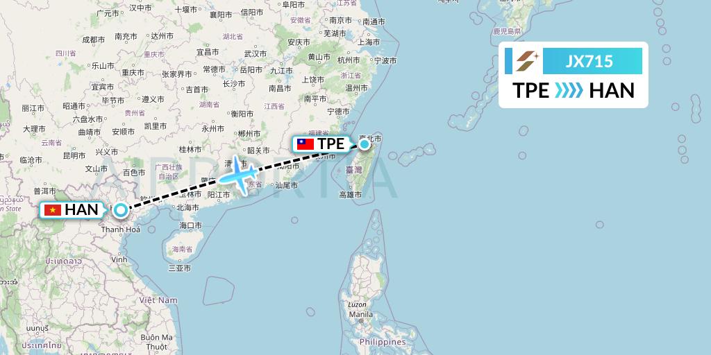 JX715 Starlux Airlines Flight Map: Taipei to Hanoi