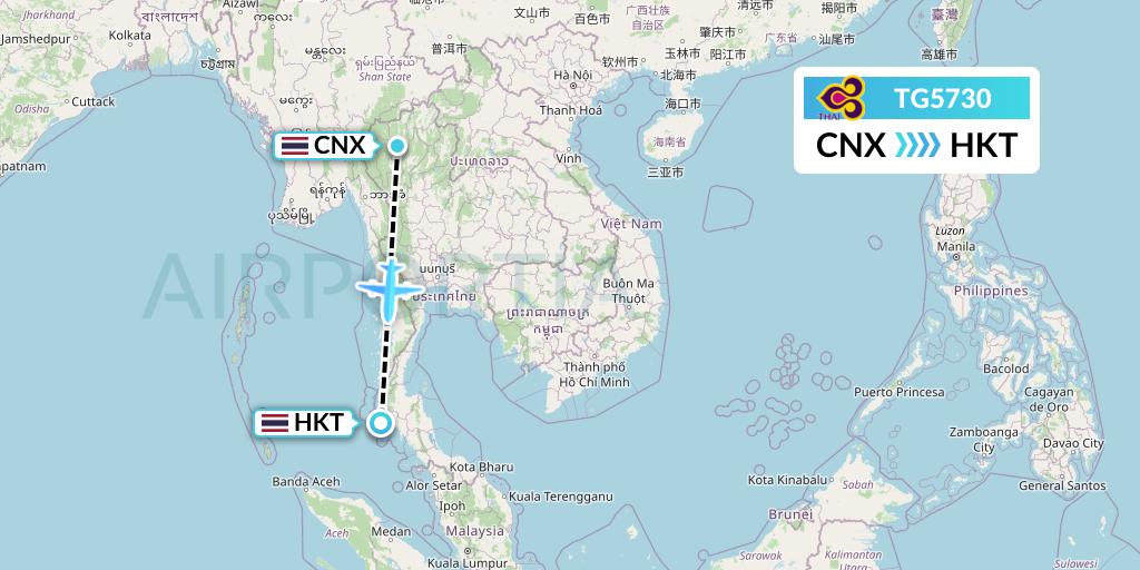 TG5730 Thai Airways Flight Map: Chiang Mai to Phuket