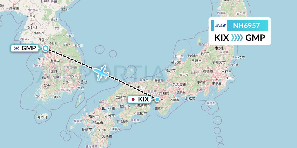 NH6957 All Nippon Airways Flight Map: Osaka to Seoul