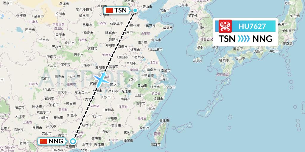 HU7627 Hainan Airlines Flight Map: Tianjin to Nanning