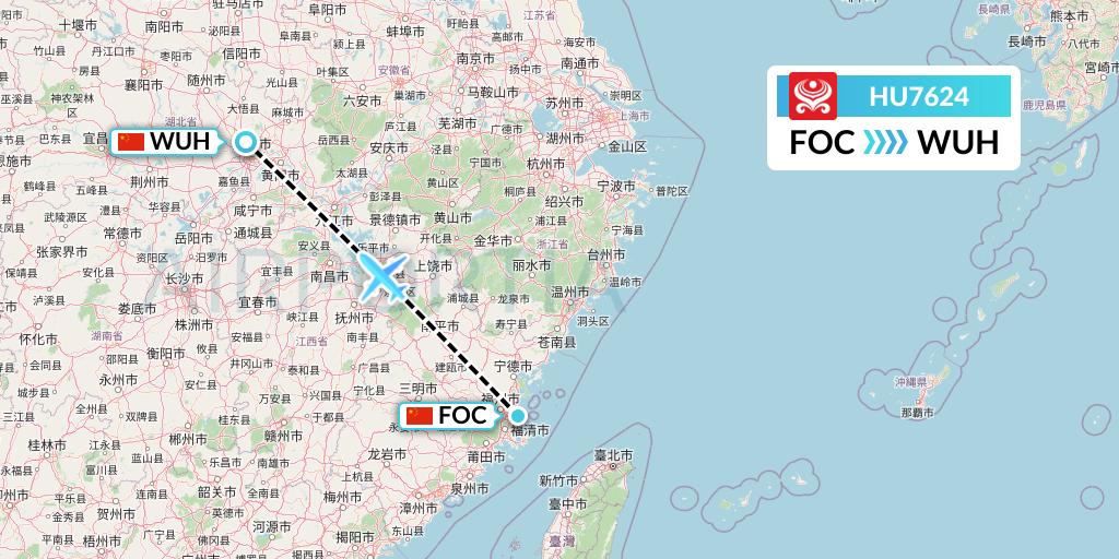 HU7624 Hainan Airlines Flight Map: Fuzhou to Wuhan