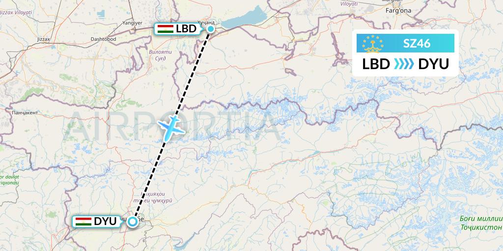 SZ46 Somon Air Flight Map: Khudzhand to Dushanbe