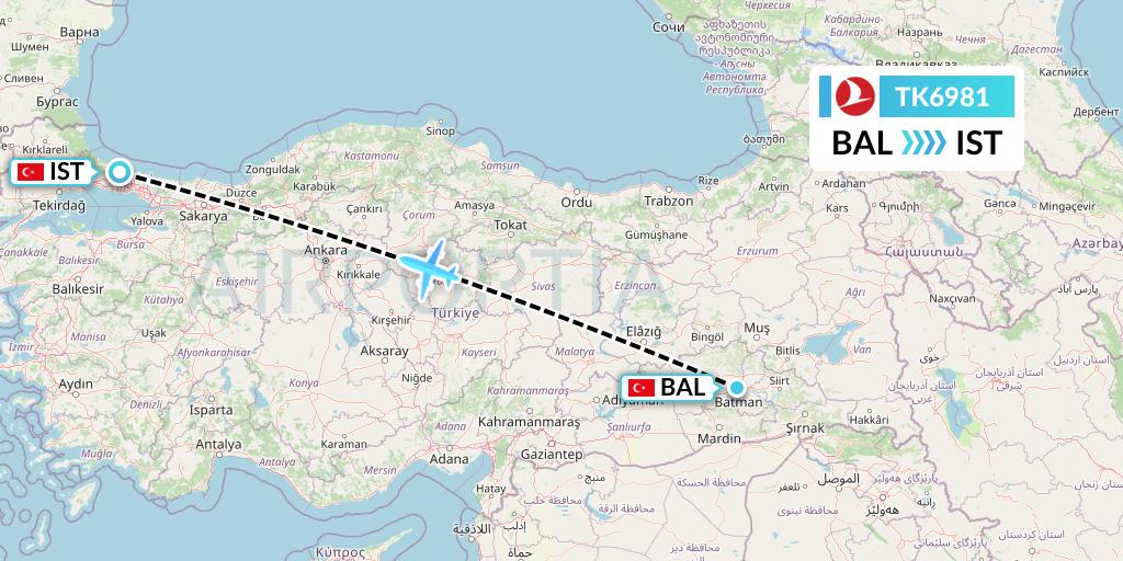 TK6981 Turkish Airlines Flight Map: Batman to Istanbul