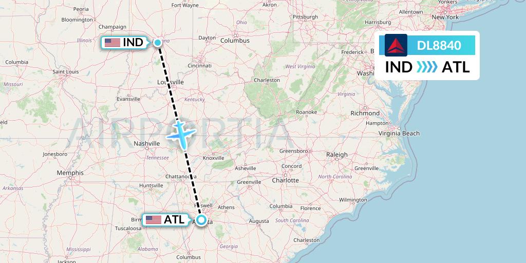 DL8840 Delta Air Lines Flight Map: Indianapolis to Atlanta