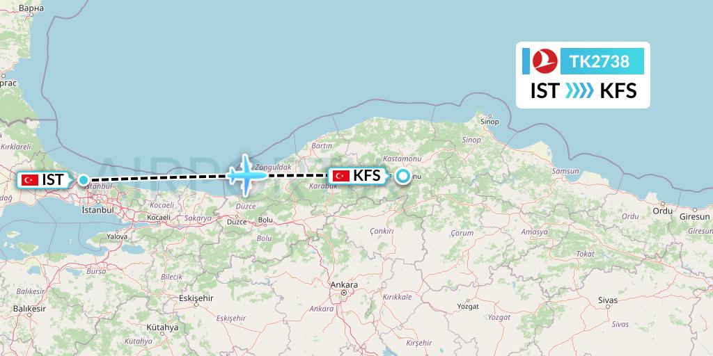 TK2738 Turkish Airlines Flight Map: Istanbul to Kastamonu