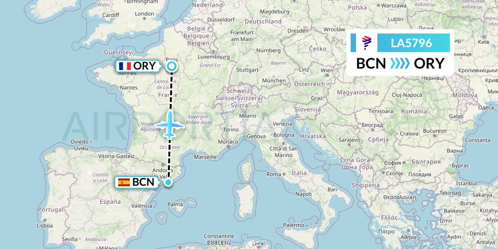 LA5796 LAN Airlines Flight Map: Barcelona to Paris