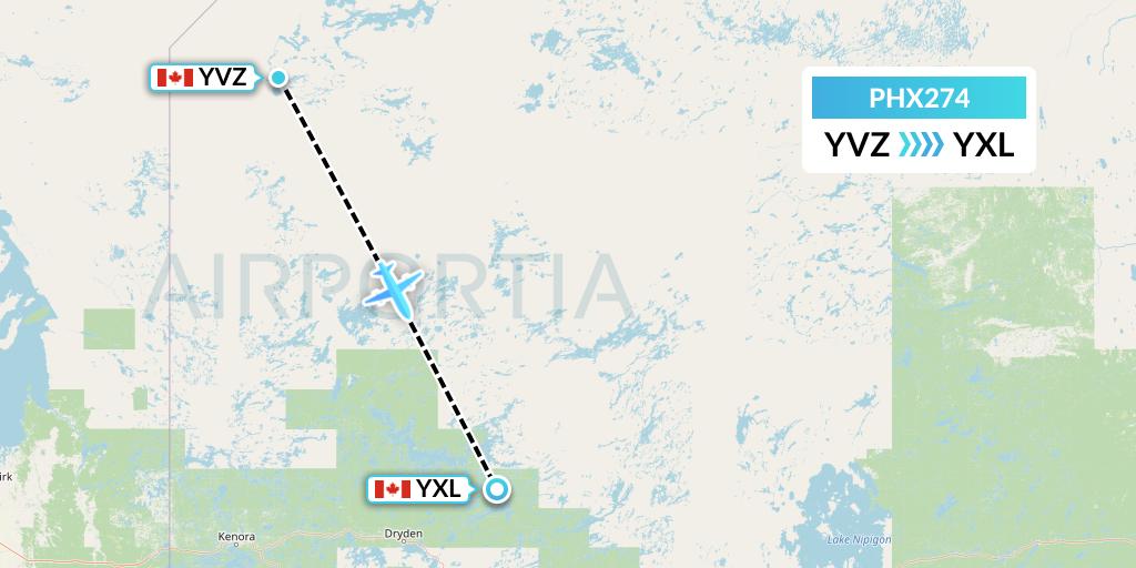 PHX274 SkyCare Flight Map: Deer Lake to Sioux Lookout