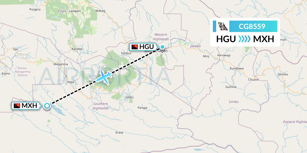 CG8559 Airlines PNG Flight Map: Mount Hagen to Moro