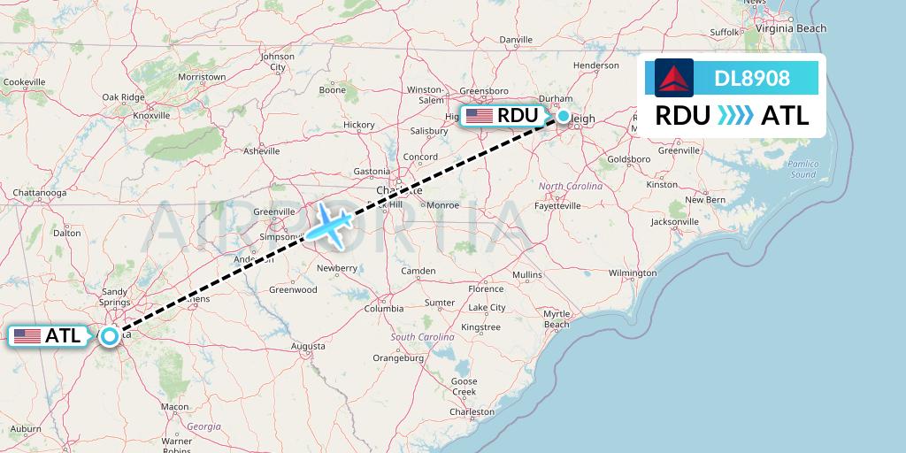 DL8908 Delta Air Lines Flight Map: Raleigh-Durham to Atlanta