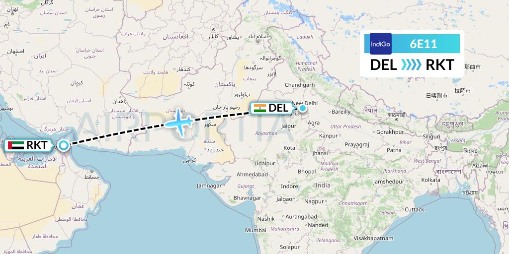 6E11 IndiGo Airlines Flight Map: Delhi to Ra'sal-Khaymah