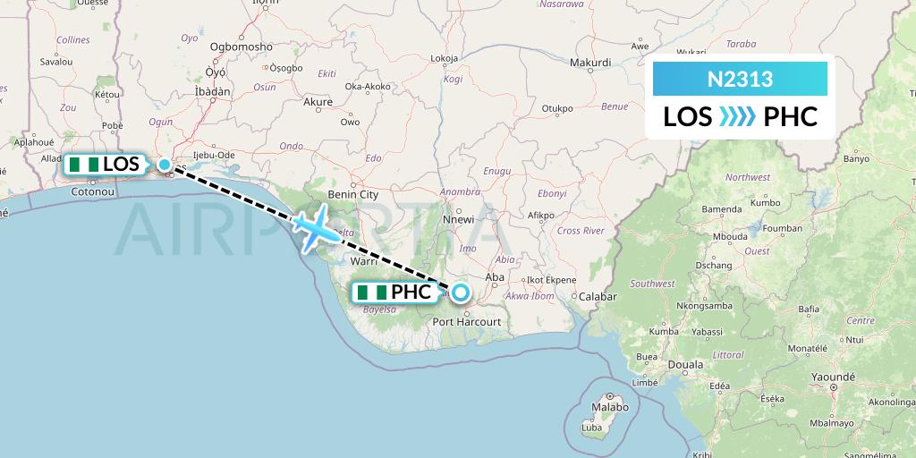N2313 Aero Contractors Company Of Nigeria Flight Map: Lagos to Port Harcourt