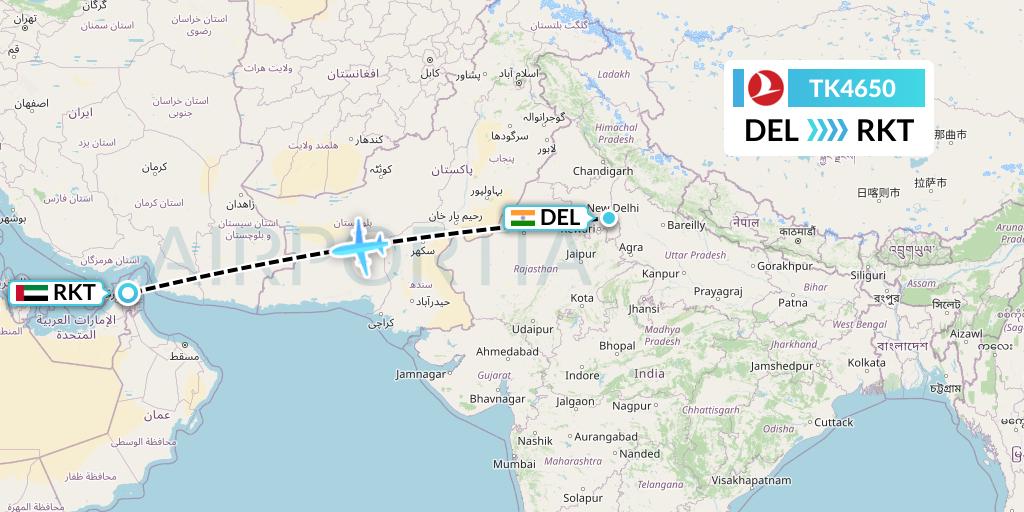 TK4650 Turkish Airlines Flight Map: Delhi to Ra'sal-Khaymah