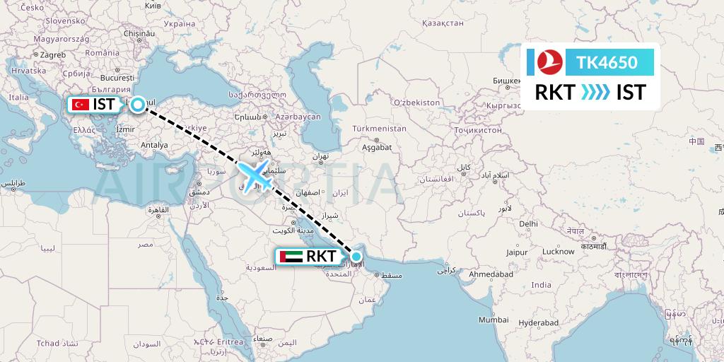 TK4650 Turkish Airlines Flight Map: Ra'sal-Khaymah to Istanbul