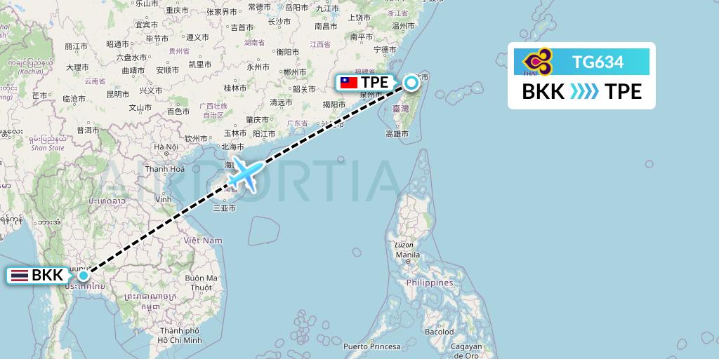 TG634 Thai Airways Flight Map: Bangkok to Taipei