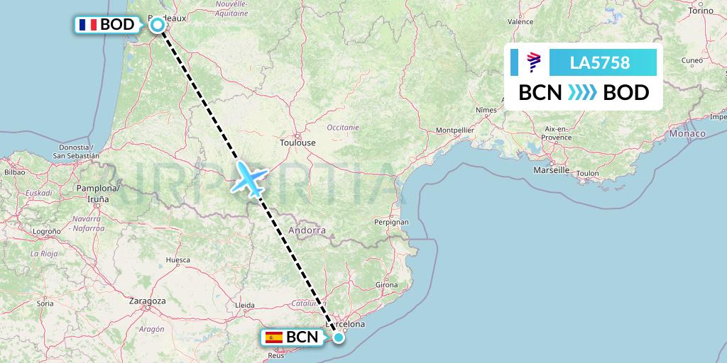LA5758 LAN Airlines Flight Map: Barcelona to Bordeaux