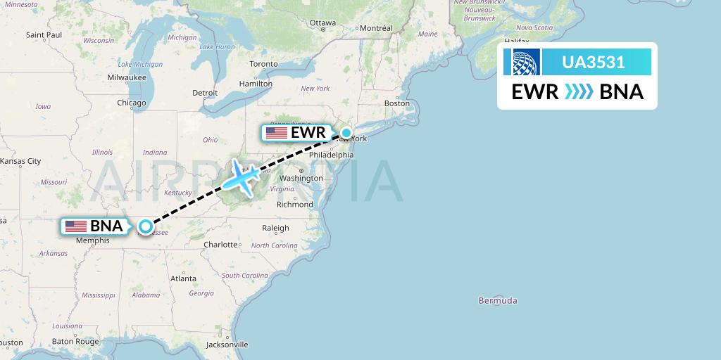 UA3531 United Airlines Flight Map: New York to Nashville