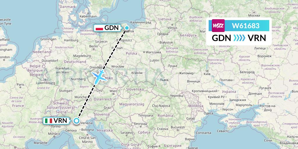 W61683 Wizz Air Flight Map: Gdansk to Verona
