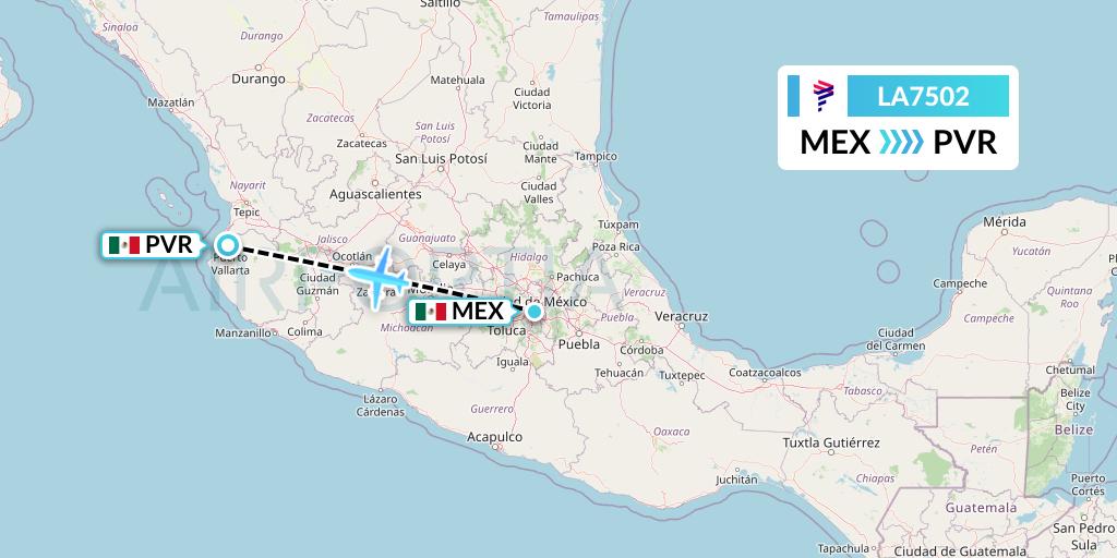 LA7502 LAN Airlines Flight Map: Mexico City to Puerto Vallarta