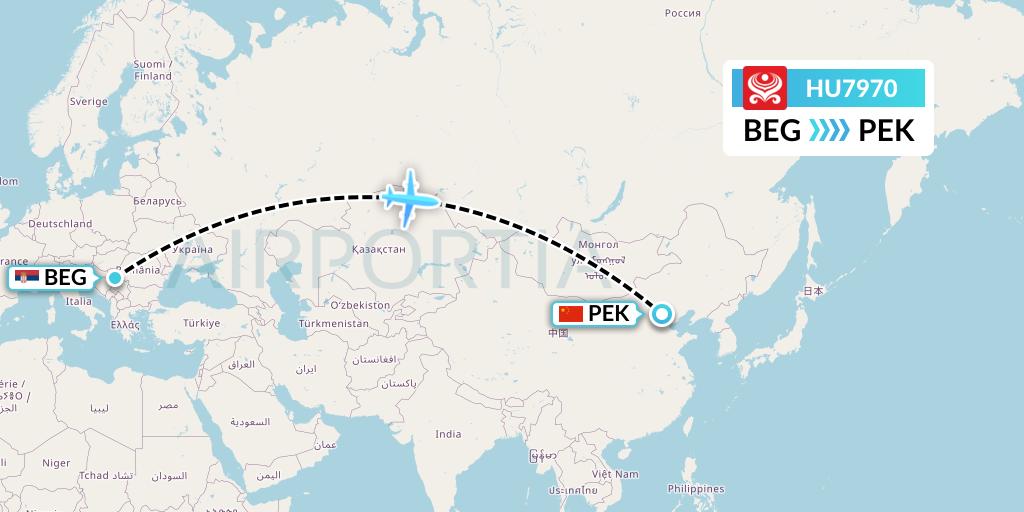 HU7970 Hainan Airlines Flight Map: Belgrade to Beijing