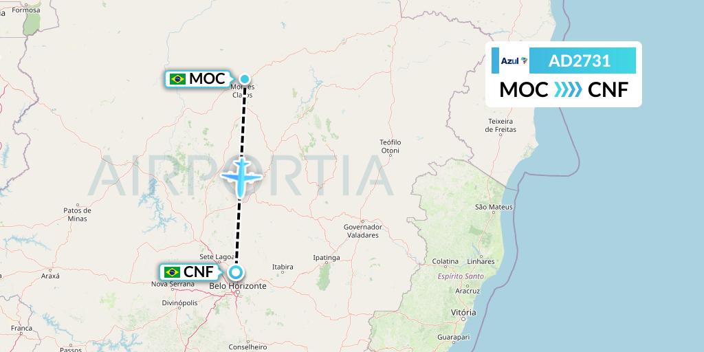 AD2731 Azul Brazilian Airlines Flight Map: Montes Claros to Belo Horizonte