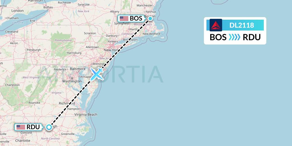 DL2118 Delta Air Lines Flight Map: Boston to Raleigh-Durham